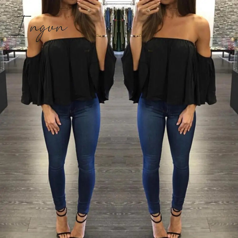 Ingvn - Summer T-shirt Women Fashion Sexy Chiffon Off Shoulder Shirts Strapless Short Sleeve Beach Tops Tee Feminine 5XL