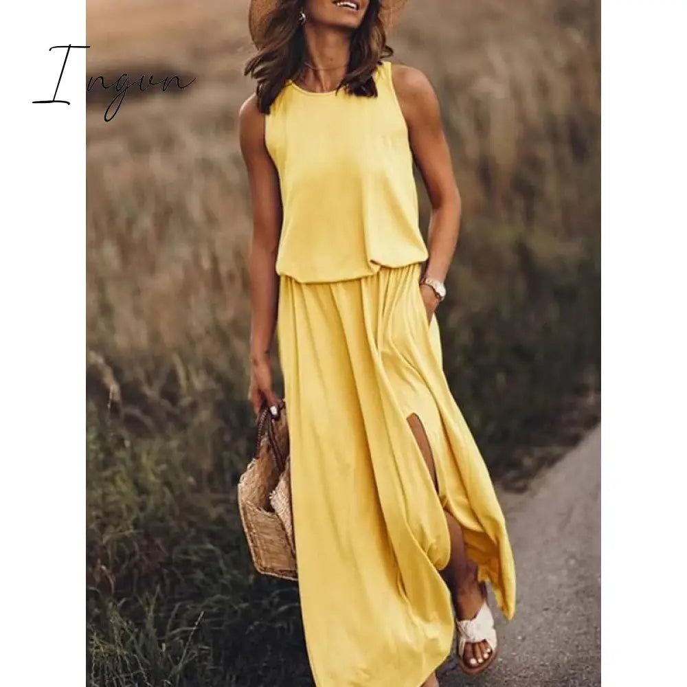 Ingvn - Summer New Oversized Casual Fashion Solid Slit Dress Ladies Sleeveless Loose Robe Dresses Women Round Neck Vestidos De Fiesta