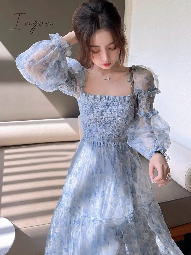 Ingvn - Summer Lace Elegant Midi Dress Women Puff Sleeve Square Collar Boho Beach Floral Dress Female Party One Piece Dress Korean