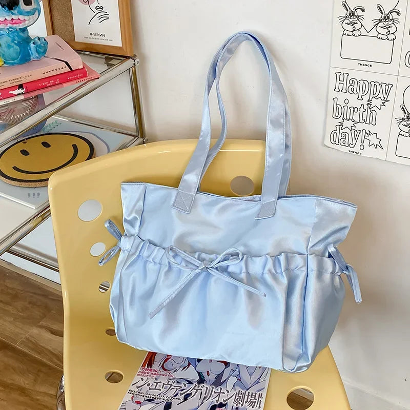 Ingvn  Elegant Bow Womens Shoulder Bag Nylon Pleated Korean Style Fashion Tote Bag Large Capacity Cute Pink Sweet Female Handbag
