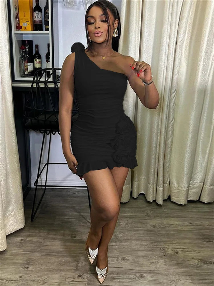 Sexy Incline Shoulder Women Mini Dress Solid Unique Appliques Ruffle Pleated Skinny Vestidos Mujer Classic Party New Frock