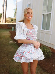 Mixed floral prints ruffled party dress puff sleeve square neck smocked sexy laides dress mini chic summer dress