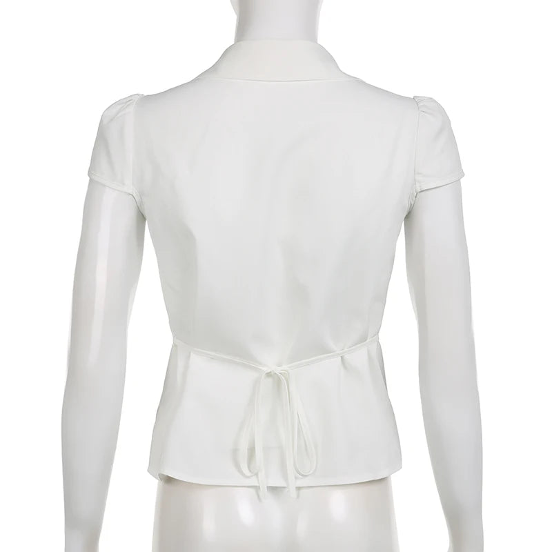 Vintage Folds Crop Top White Button Up Short Sleeve Blouse Women Bandage Korean Fashion T-shirt Casual Streetwear y2k Tee