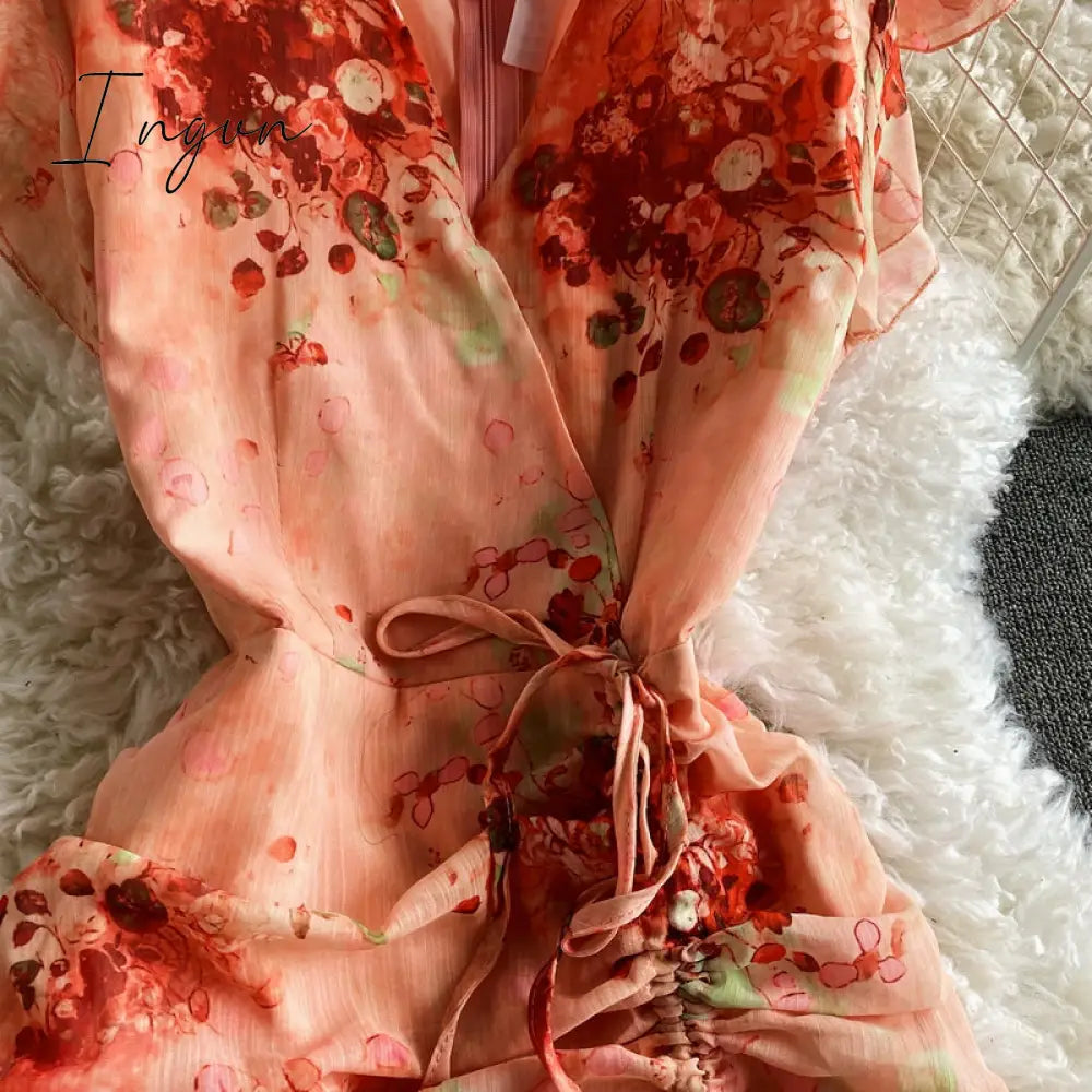 Ingvn - Vintage V-Neck Printed Chiffon Drawstring Mermaid Midi Dress Women Elegant High Waist Ruffle Vestidos Fashion Spring Summer