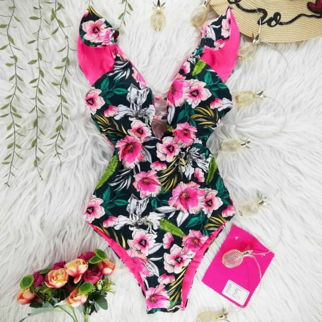 New Sexy Ruffle Print Floral One Piece Swimsuit Off The Shoulder Swimwear Women Solid Deep-V Beachwear Bathing Suit Monkini