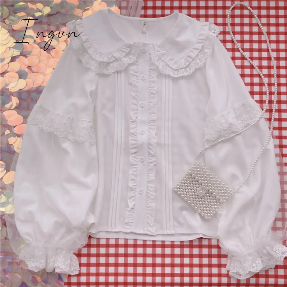 Ingvn - Lolita Shirt White Elegant Women Preppy Style Blouses Cute Peter Pan Collar Lace Ruffle JK Shirts Girls Long Sleeve Blusas Mujer