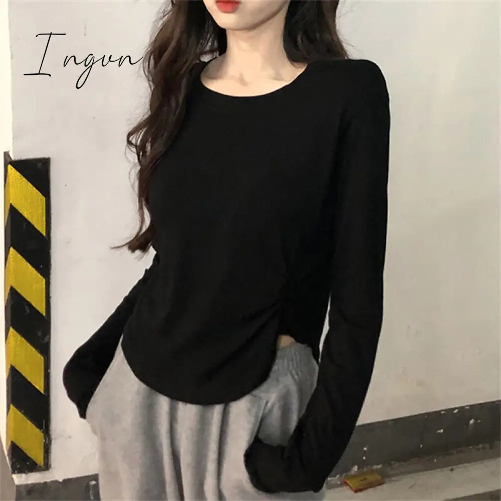 Ingvn - White T Shirt for Women 2023 New Long Sleeve Turn Down Collar Slim Tee Shirts Korean Fashion Office Ladies Casual Top