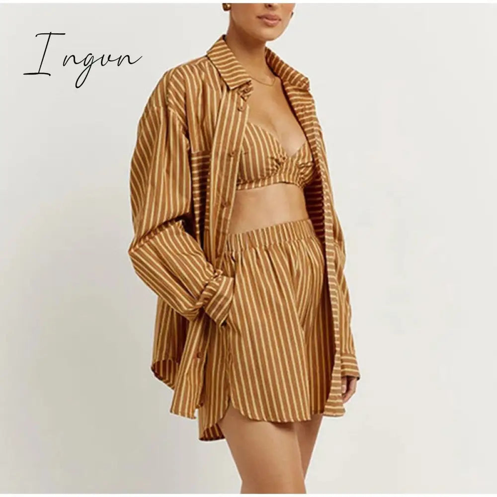 Ingvn - Women Tracksuits Shirt With Mini Shorts Cotton Two Pieces Sets Summer Fashion Clothing Outfits Women Blouses Fashion Tracksuits