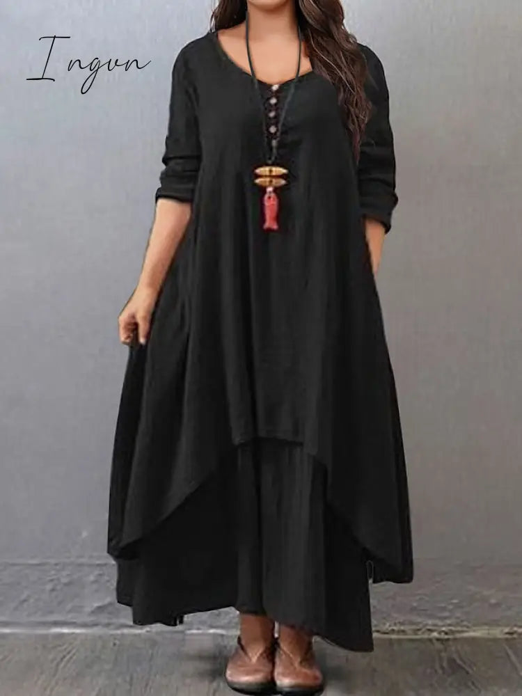 Ingvn - Women's Plus Size Casual Dress Swing Dress Solid Color Long Dress Maxi Dress Long Sleeve Button Fake two piece V Neck Basic Daily Black White Summer Spring L XL XXL 3XL 4XL
