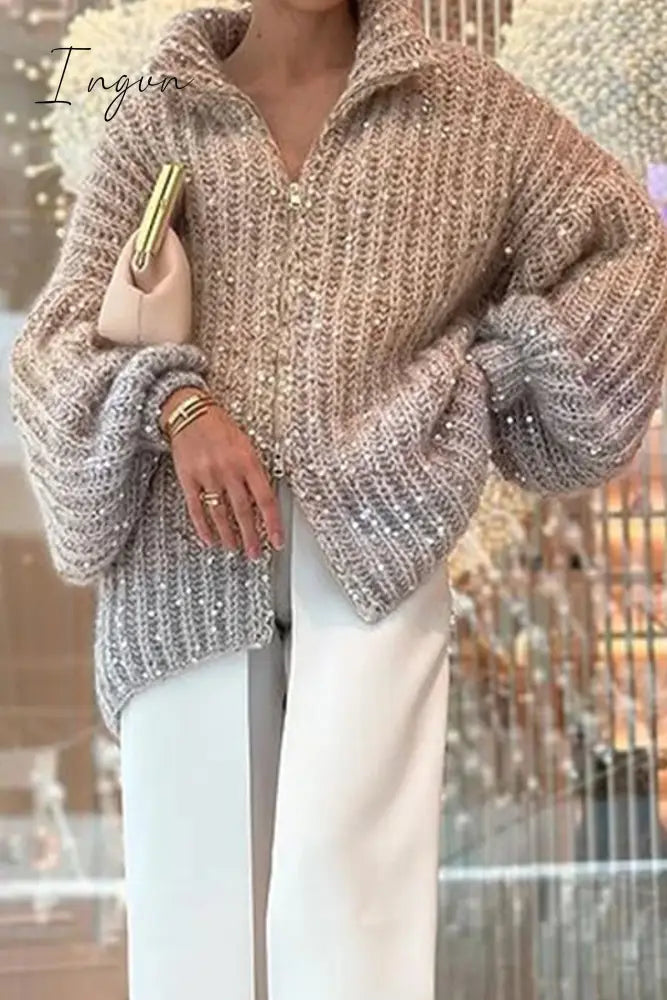 Ingvn - Casual Celebrities Elegant Sequins Turndown Collar Tops