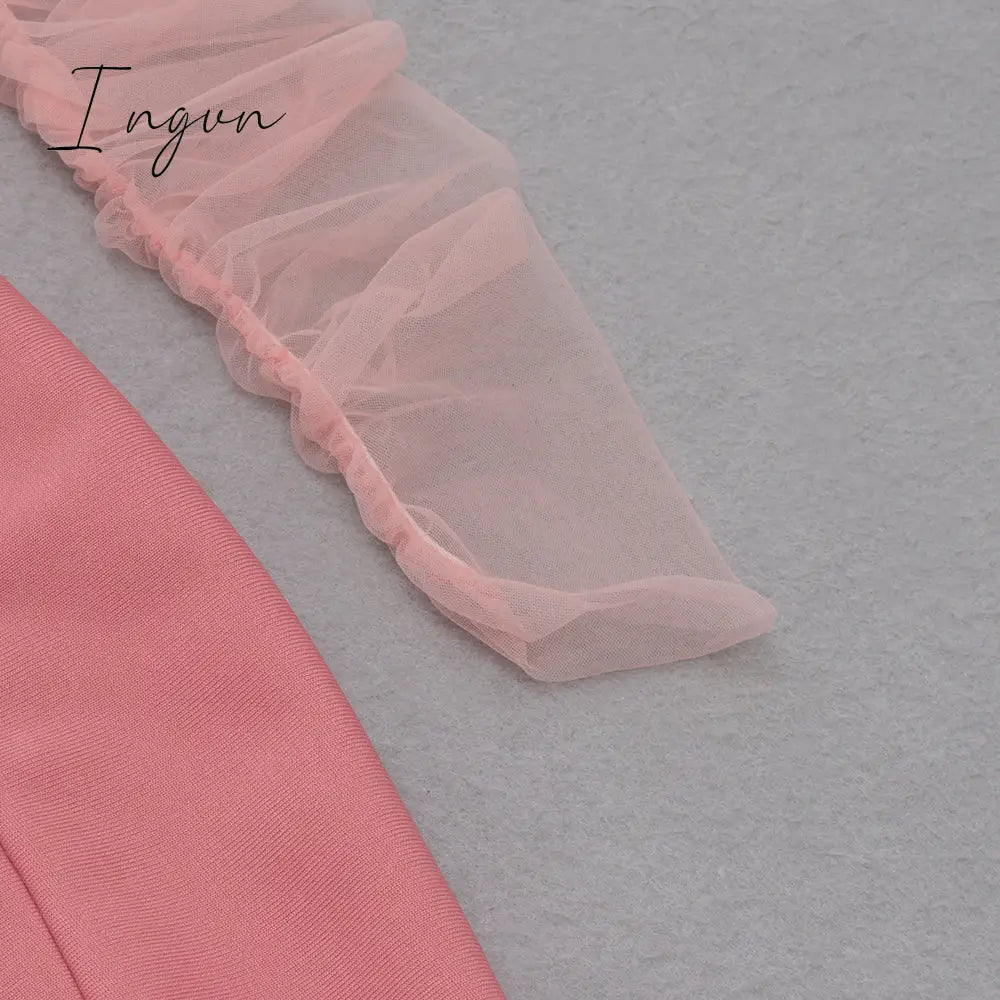 Ingvn - Fashion Trends Summer Women Sexy Off Shoulder Long Sleeve Backless Mesh Pink Mini Bodycon Bandage Dress Elegant Evening Club Party Dress