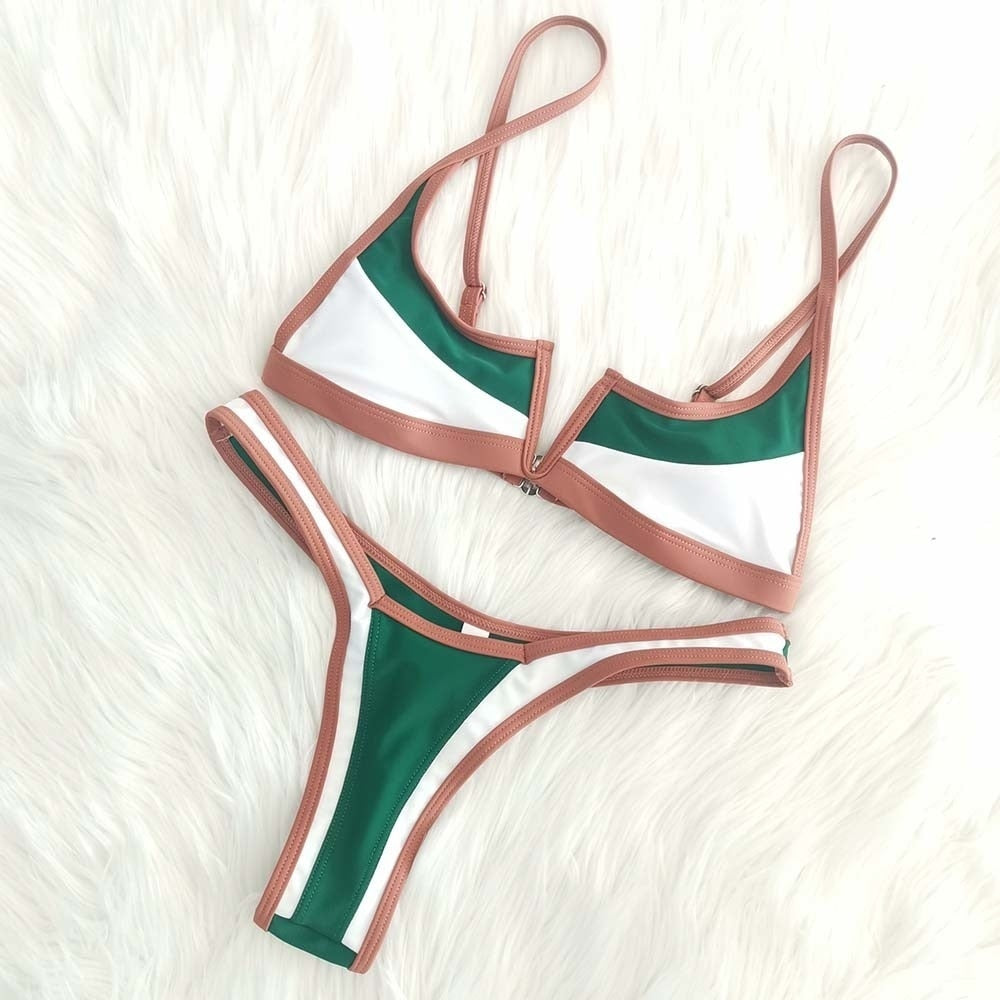 Vintage Retro Bikini Patchwork Swimsuit Thong Brazilian Sexy Swimwear Female  New Summer Micro V-bar Green Bathing Suits