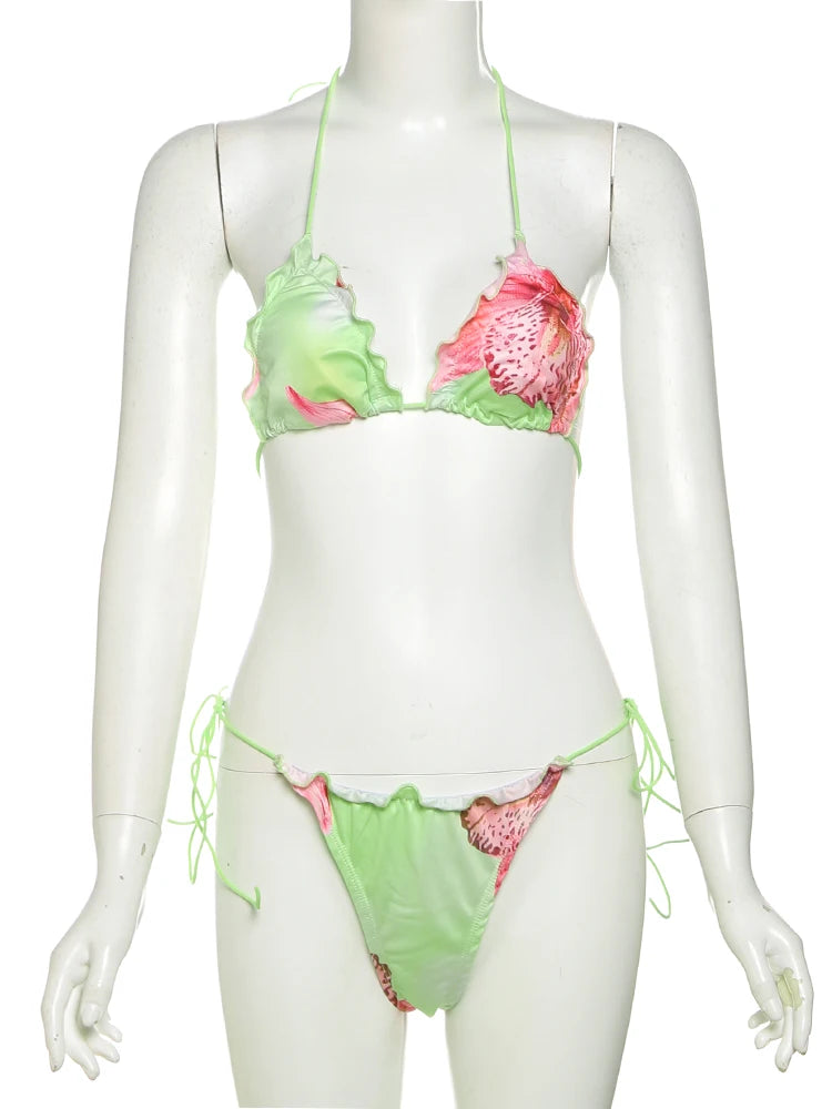 Lace Colorful Flower Print Bikini Shirring 2 Piece Set Women Halter Bra Tops+Skinny Briefs Vacation Beach Style Outfits
