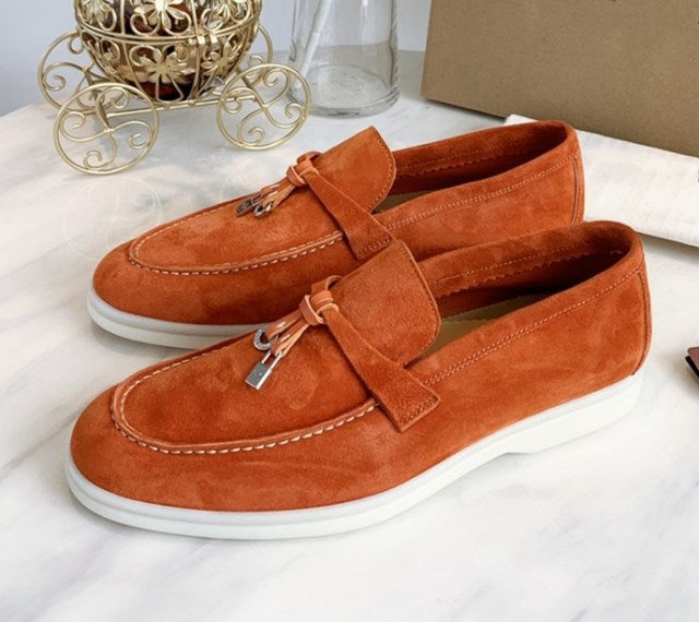Trend New Kidsuede Women Flat Shoes Lazy Slip-on Metal Loafers Lady Casual Walk Shoes Woman Single Shoes Summer Real Leather