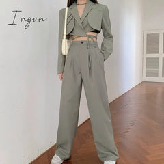 Ingvn - Spring Outfits Trends Korean Summer Two Piece Set Women Crop Top Sexy Lace-up Blazer Coat + High Waist Pants Suit Sets Autumn Streetwear 2 Piece Sets