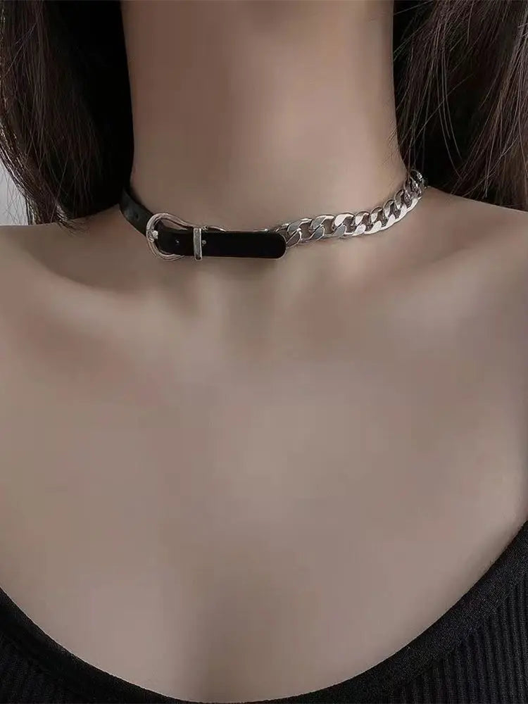 INGVN  Kpop Black Leather Choker Stainless Steel Cuban Clavicle Chain Collar For Women New Goth Ladies Jewelry Wholesale