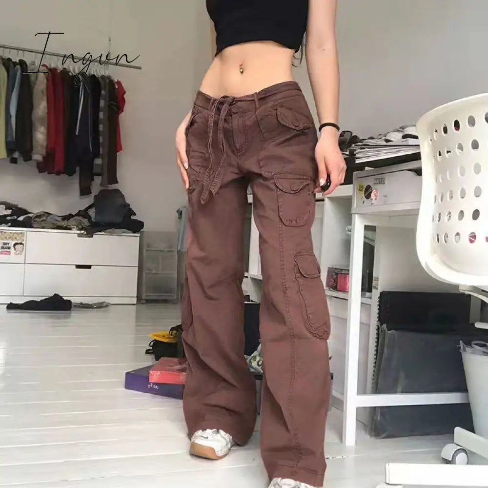 Ingvn - Vintage Streetwear Cargo Pants Women Harajuku Street Loose Straight Women Jeans Casual Slim Versatile High Waisted Jeans Pants