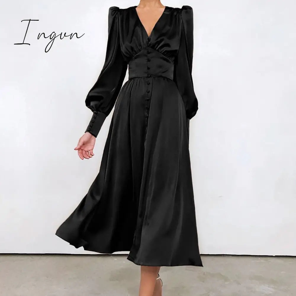 Ingvn - Beige Single Breasted Sexy Dress Party Clud High Waist Satin Long Dress Elegant V Neck Women Midi Dresses Lantern Sleeve