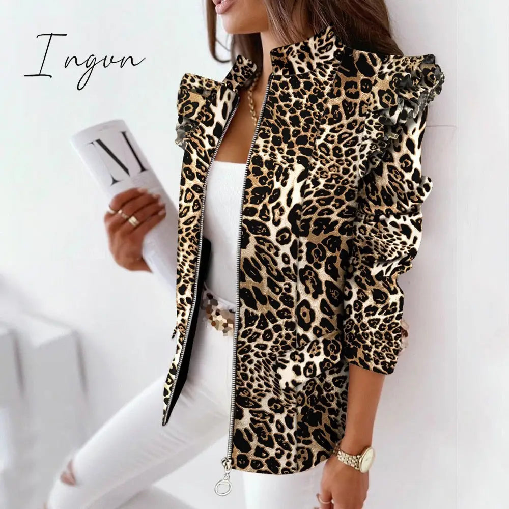 Ingvn - Casual Plaid Jacket Women Spring Autumn Long Sleeve Ruffles Khaki Pink Zippers Woman Coats Fashion Office Lady Jackets Coat