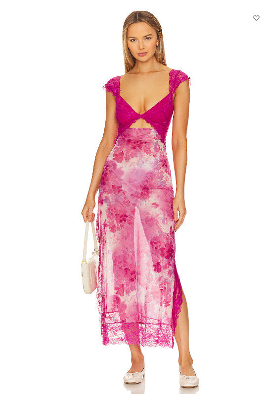 Summer New  Lace Backless Shoulder Strap Stitching Vented Color Long dress Women's Clothing