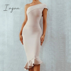 Ingvn - New Summer Women Bandage Dress Sexy One Shoulder Sleeveless Ruffles Nightclub Celebrity Evening Party Mermaid Dresses