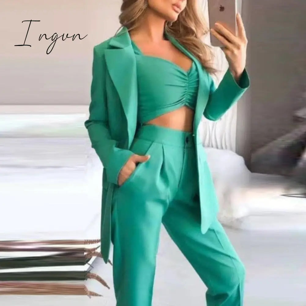 Ingvn - Woman Vintage Black Slim Fit Blazer 3 Pcs Suit Autumn Elegant Female Solid Matching Sets V-Neck Casual Office Three Piece Set