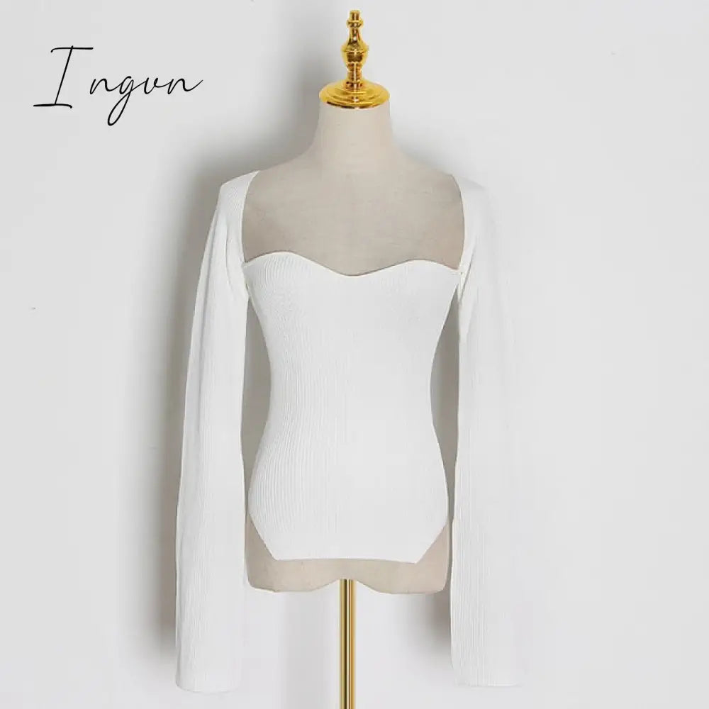 Ingvn - White Side Split Knitted Women's Sweater Square Collar Long Sleeve Sweaters Female Autumn Fashion New Clothes