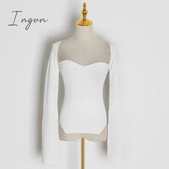 Ingvn - White Side Split Knitted Women's Sweater Square Collar Long Sleeve Sweaters Female Autumn Fashion New Clothes