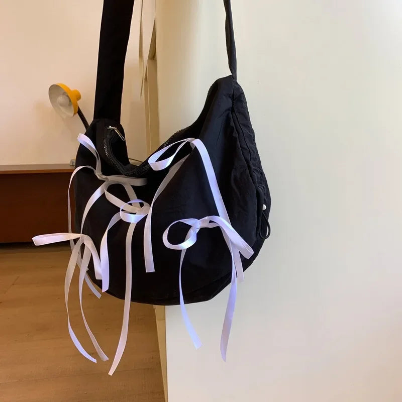 Ingvn  Sweet Preppy Style Nylon Color Contrast Color Bow Shoulder Bag Large Capacity Lightweight Women Crossbody Pretty Tote Bag