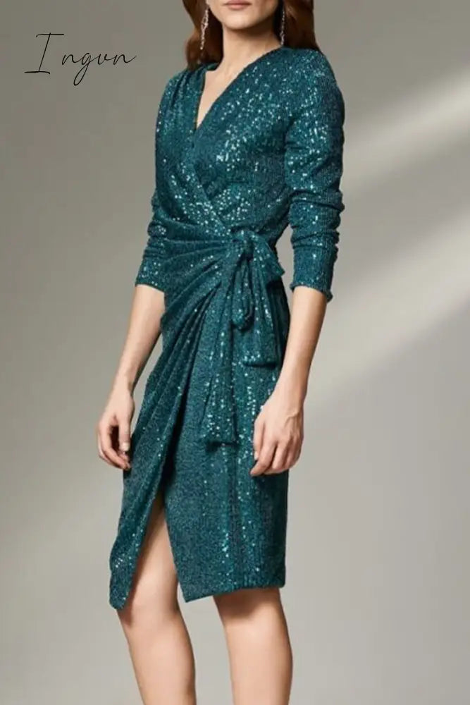 Ingvn - Sexy Solid Bandage Sequins V Neck Wrapped Skirt Dresses