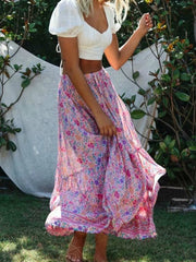 Vintage Chic Fashion Women Pink Floral Print Split Beach Bohemian Skirt High Elastic  A-Line Boho Rayon Maxi Skirts Femme