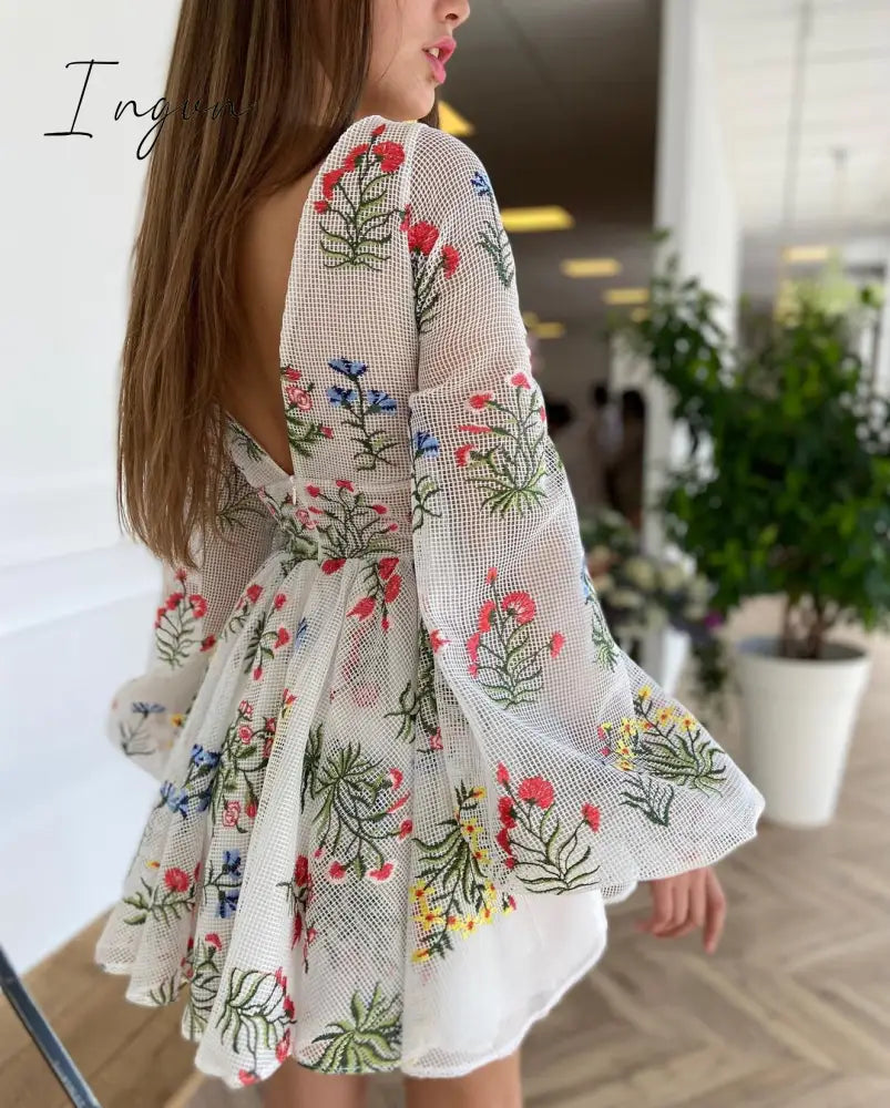 Ingvn - Women's Dress Spring Mesh Floral Embroidery Sexy V-Neck Dresses Cute Lantern Sleeve Mini Dress