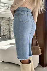 Ingvn - Street Solid Make Old Slit Asymmetrical Regular Denim Skirts