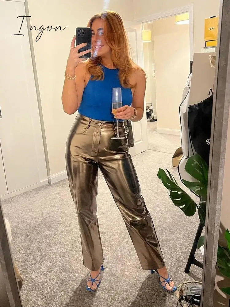 Ingvn - Women Metallic Straight-Leg PU Pants Sexy ZA Sparkling High Waist Trousers Streetwear Luxury Birthday Costumes 2023 Spring Fall