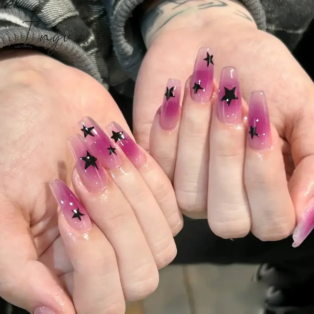 24Pcs Purple Y2K Press on Nails Star Diamond Designs Full Cover Fake Nails Long Coffin Acrylic False Nails for Women 2023 New