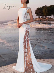 Ingvn - Floor Length Long Dresses For Women Party Wedding Evening Clothes Sleeveless Vintage Vestido Feminino Lace White Dress Elegant