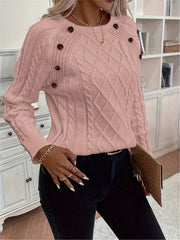 Solid Cable Knit Sweater, Casual Crew Neck Long Sleeve Sweater, Women's Clothing