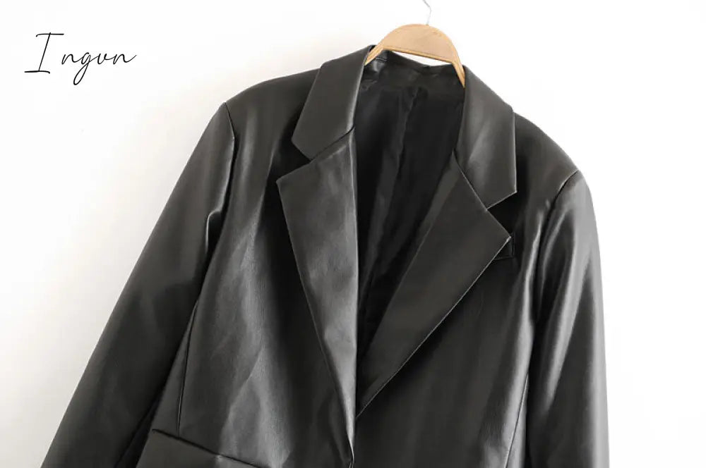 Ingvn - Women Fashion Faux Leather Pockets Loose Blazer Coat Vintage Long Sleeve Back Vents Female Outerwear Chic Tops