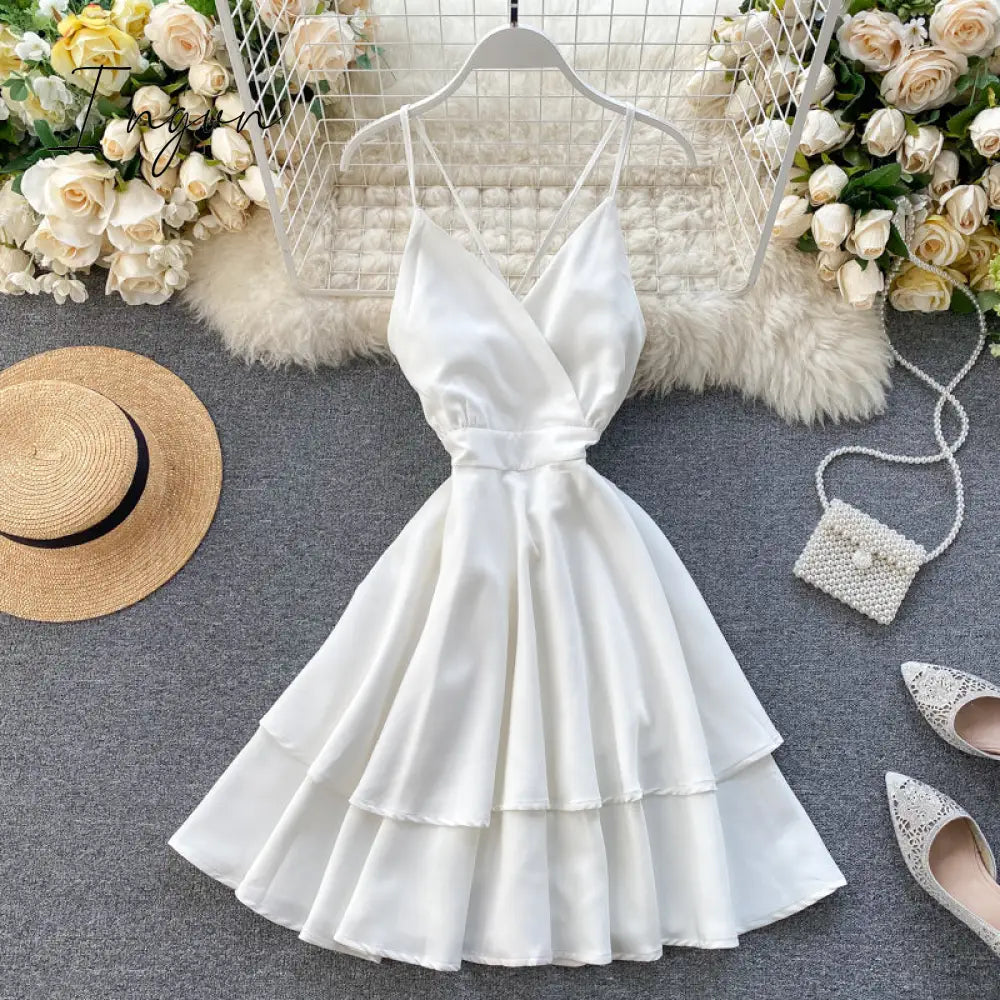 Ingvn - Summer Spring Beach Holiday V-Neck Backless Lace Up Ruffles Cakes Solid Elegant Women Lady A-line High Waist Dress