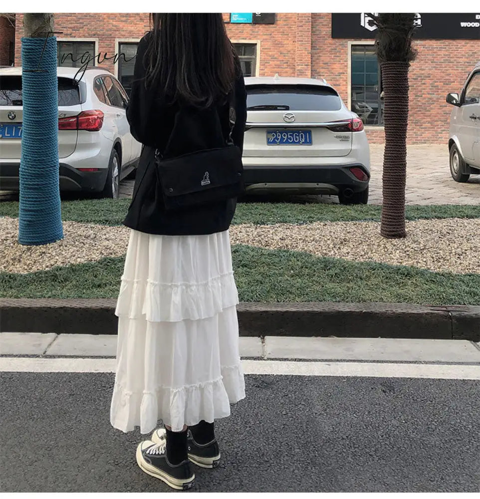 Ingvn - Midi Long Skirts Womens Maxi Skirt Goth Lolita Summer High Waisted Asymmetrical High Low Ruched Ruffle Skirts rok