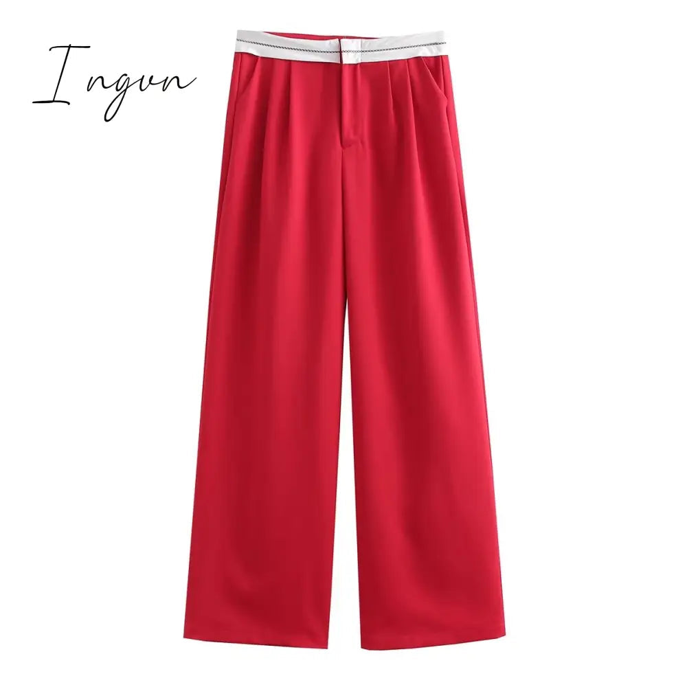 Ingvn - 2023 Women Fashion Side Pockets Patchwork Straight Pants Vintage High Waist Zipper Fly Female Casual Trousers Mujer