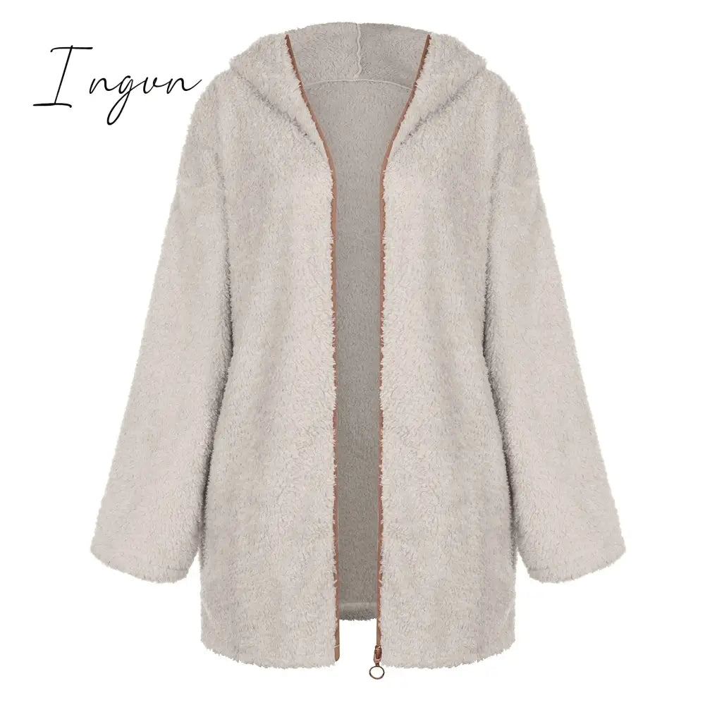Ingvn - 2023 New Fashion Women'S Thick Plush Long Sleeve Jacket Female Winter Coat With Hat And Pocket Female Top Fashion Fall Winter
