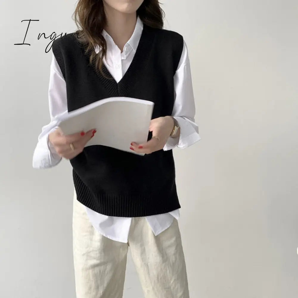 Ingvn - Autumn Women's Sweater Vest V-neck Sleeveless Irregular Casual Loose Knitted Pullover Tops Female Outerwear