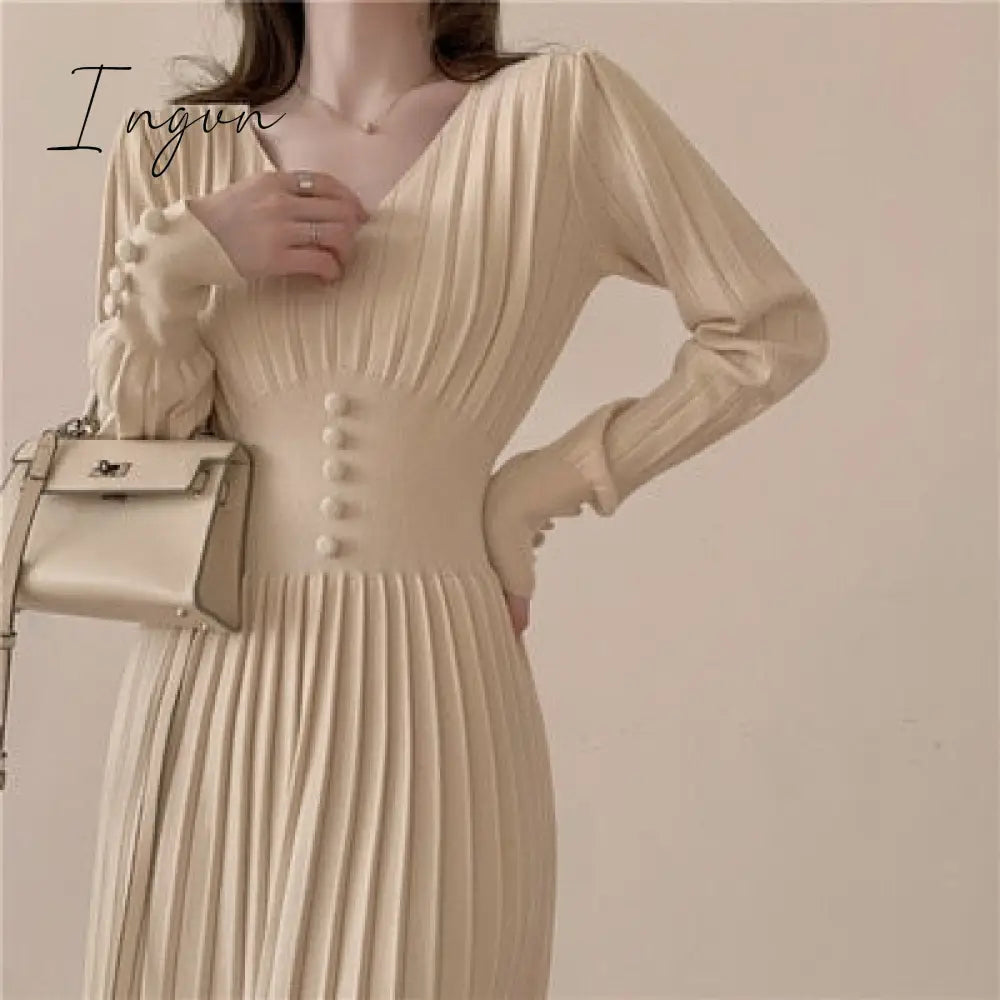 Ingvn - Gifts for women winter night out outfit Elegant Chic Pleated Sweater Dress Women's Slim French Femme Vestido Spring Autumn Winter Fashion Single-Breasted