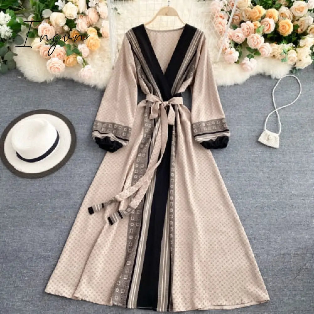 Ingvn - Spring Autumn Women Printed Long Dress Vintage Puff Long Sleeve High Waist A-Line Vestidos Female New Fashion Beach Robe