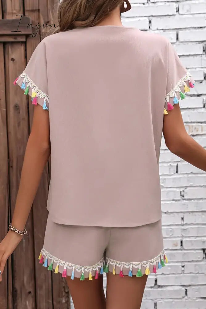 Ingvn - V-Neck Tassel Decor Top and Shorts Set