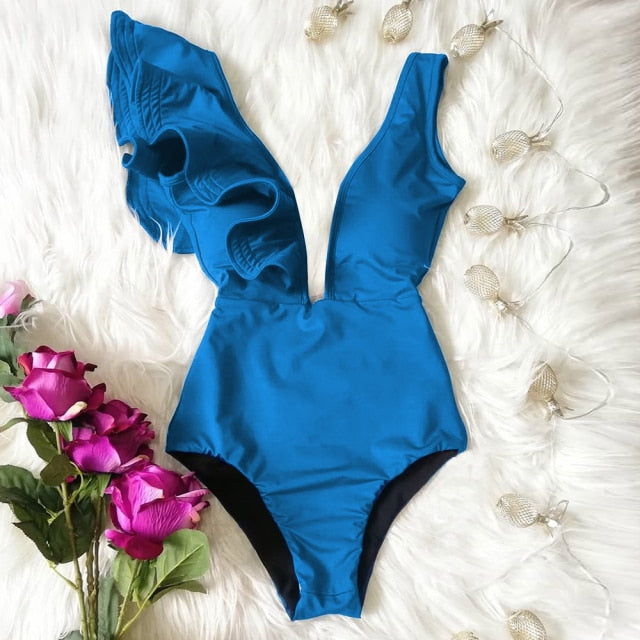New Sexy Ruffle Print Floral One Piece Swimsuit Off The Shoulder Swimwear Women Solid Deep-V Beachwear Bathing Suit Monkini