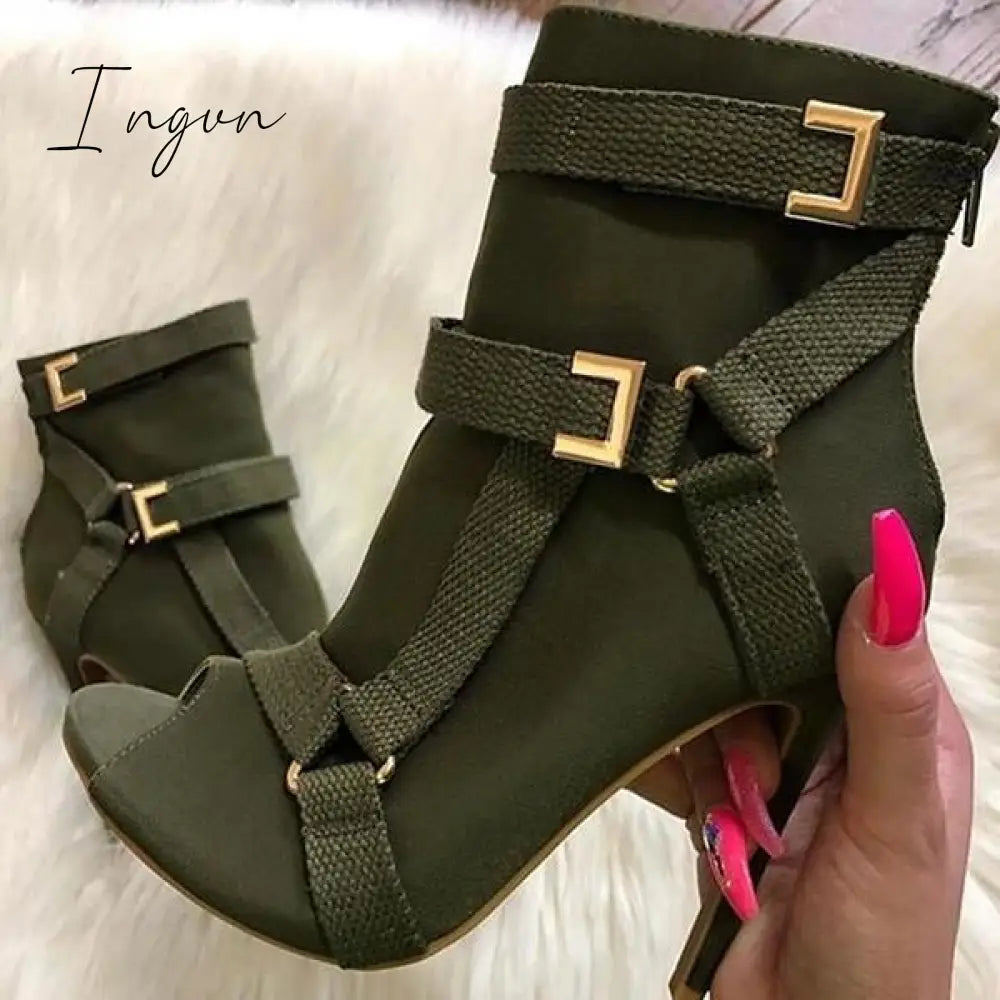 Ingvn - Back Zip Peep Toe Stiletto Heel Ankle Boots