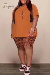 Ingvn - Yellow Casual Print Slit V Neck Plus Size Two Pieces