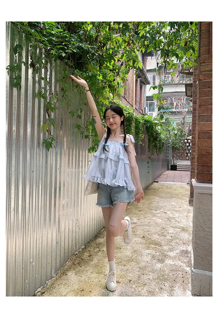 French Style Striped Bow Tank Top Women's Summer Loose Fit Vacation Style Doll Top Fashionable Casual Wear